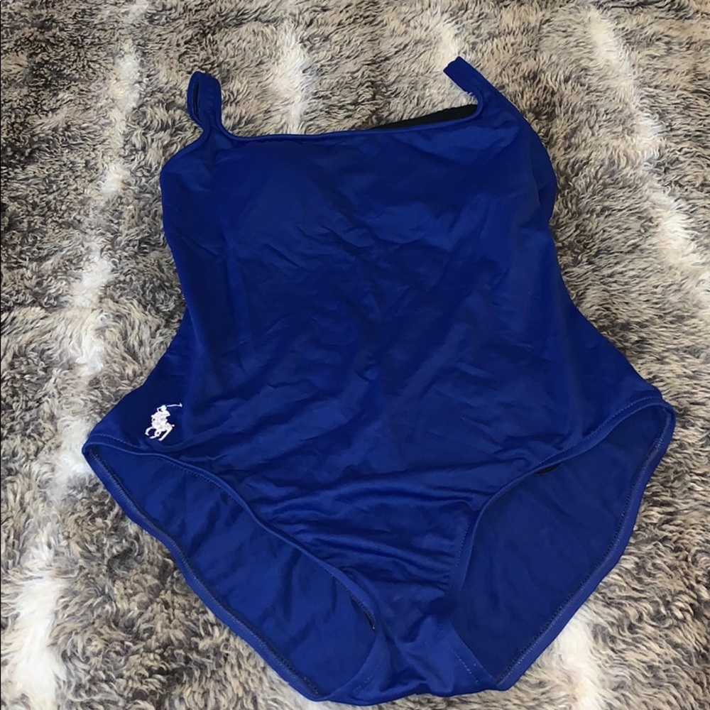 Blue scoop back one piece bathing suit